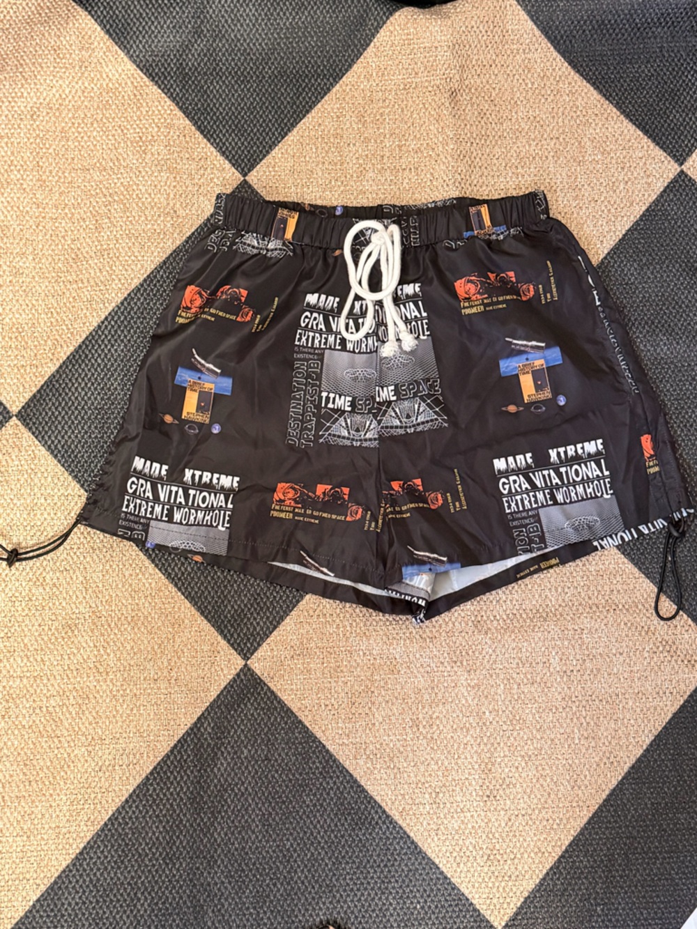 Black Graphic Drawstring Men’s Swim Board Shorts with White Cord
